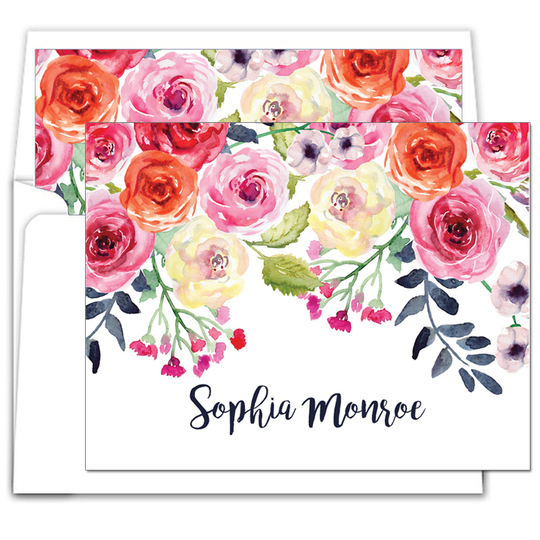 White Watercolor Roses Foldover Note Cards